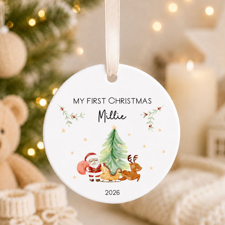Personalised Santa Scene Ceramic My First Christmas Bauble