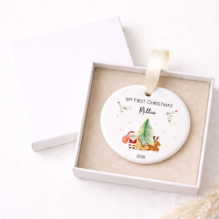 Personalised Santa Scene Ceramic My First Christmas Bauble