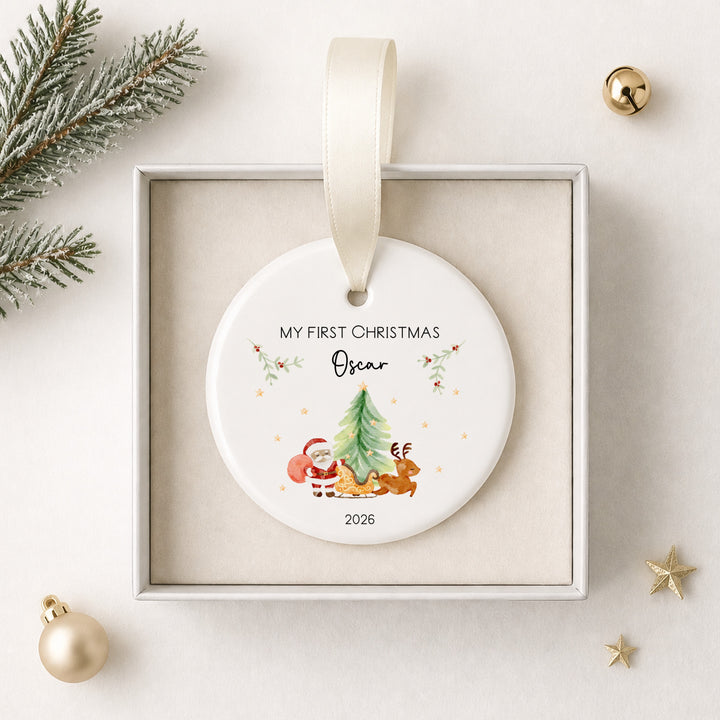 Personalised Santa Scene Ceramic My First Christmas Bauble