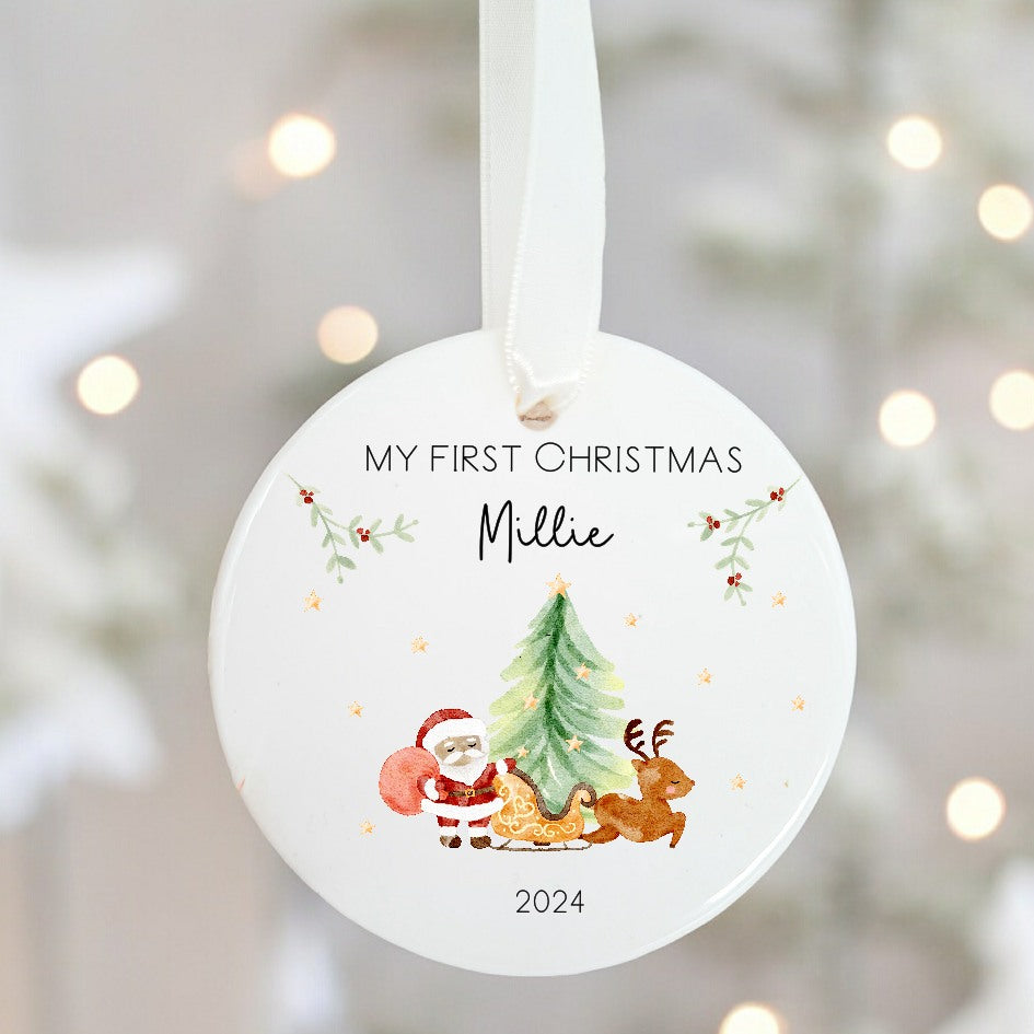 My First Christmas Santa Scene Personalised Ceramic Tree Ornament Bauble