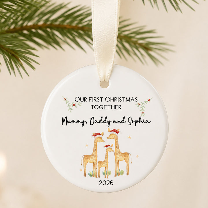Personalised Ceramic Giraffe Our First Family Christmas Bauble
