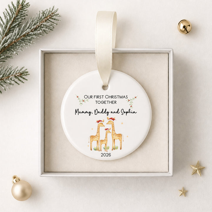 Personalised Ceramic Giraffe Our First Family Christmas Bauble