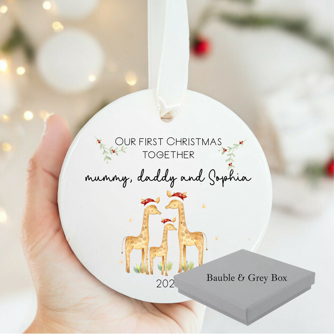 Personalised Our First Christmas Togeter Giraffe Ceramic Bauble
