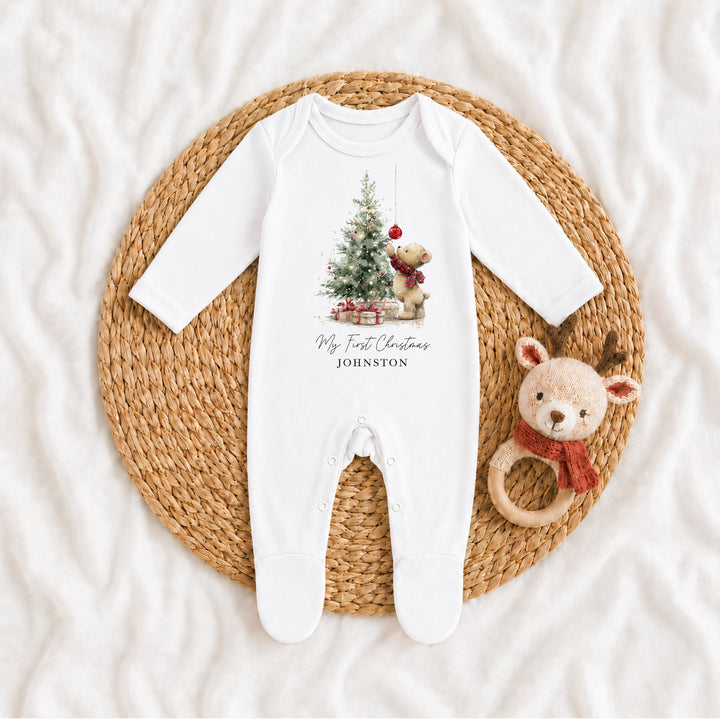 Personalised Teddy Christmas Tree My First Christmas Baby Grow Or Vest