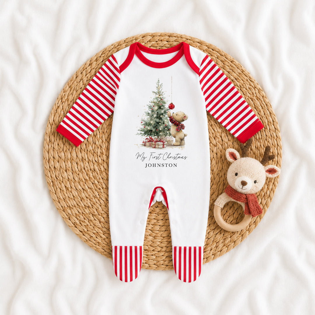 Personalised Teddy Christmas Tree My First Christmas Red Baby Grow