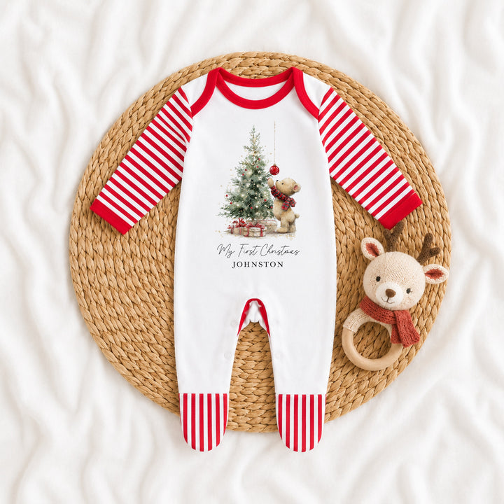 Personalised Teddy Christmas Tree My First Christmas Red Baby Grow