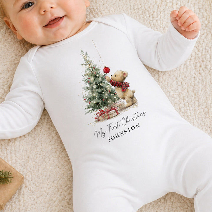 Personalised Teddy Christmas Tree My First Christmas Baby Grow Or Vest