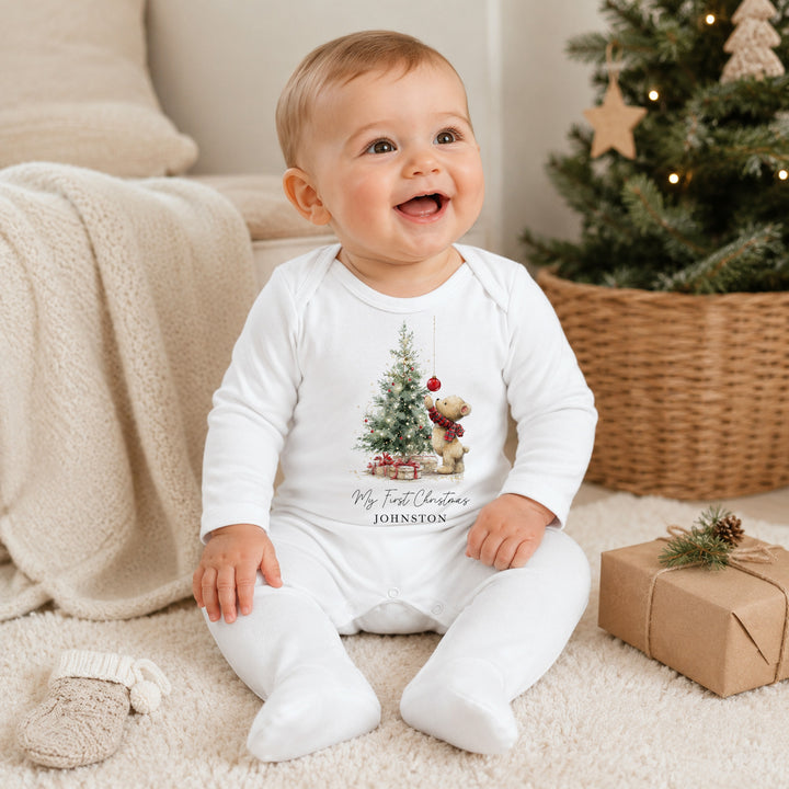 Personalised Teddy Christmas Tree My First Christmas Baby Grow Or Vest
