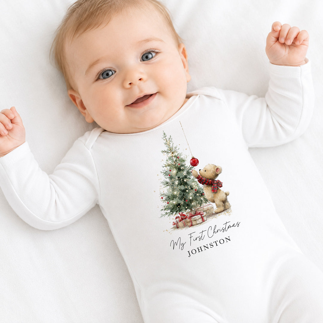 Personalised Teddy Christmas Tree My First Christmas Baby Grow Or Vest