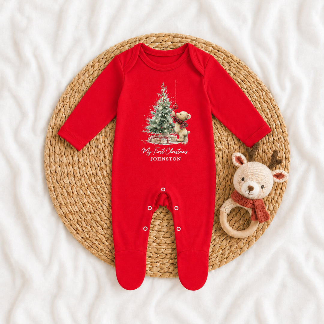 Personalised Teddy Christmas Tree My First Christmas Red Baby Grow
