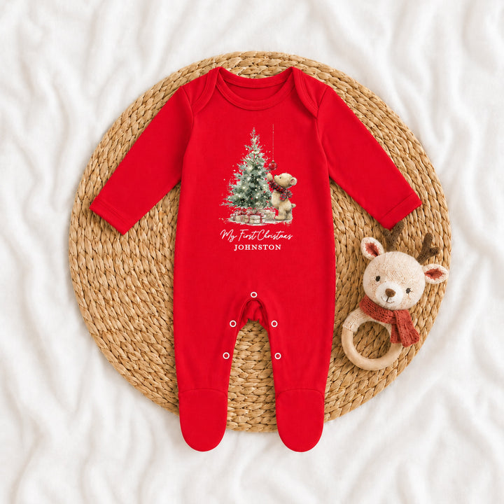 Personalised Teddy Christmas Tree My First Christmas Red Baby Grow