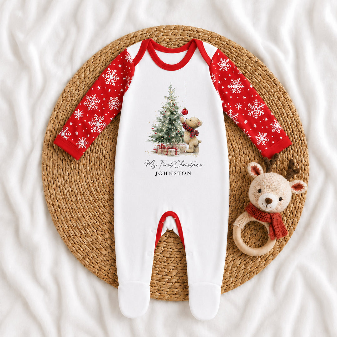 Personalised Teddy Christmas Tree My First Christmas Pattern Baby Grow