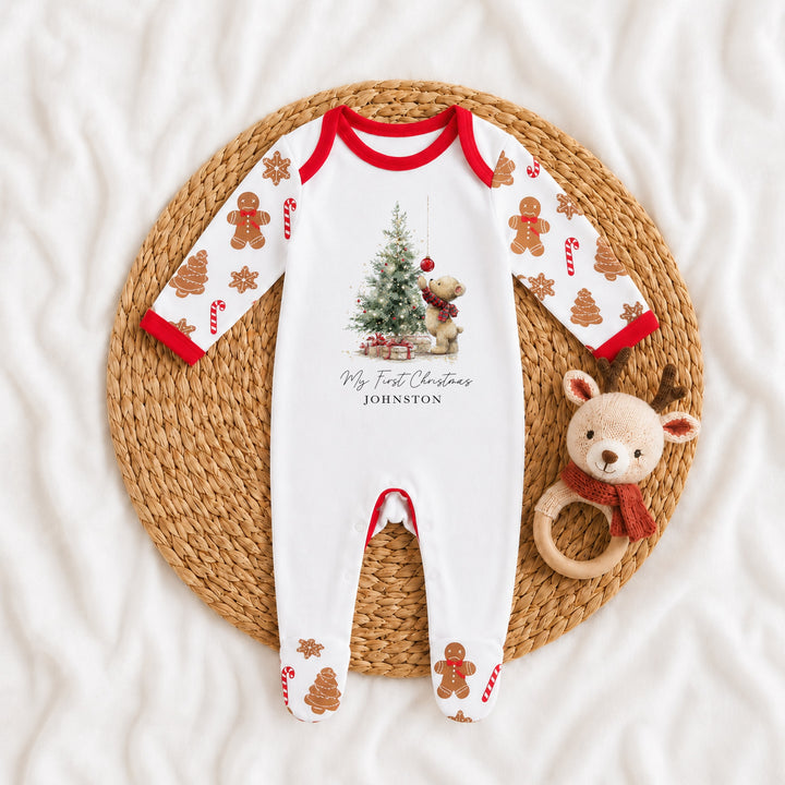 Personalised Teddy Christmas Tree My First Christmas Pattern Baby Grow