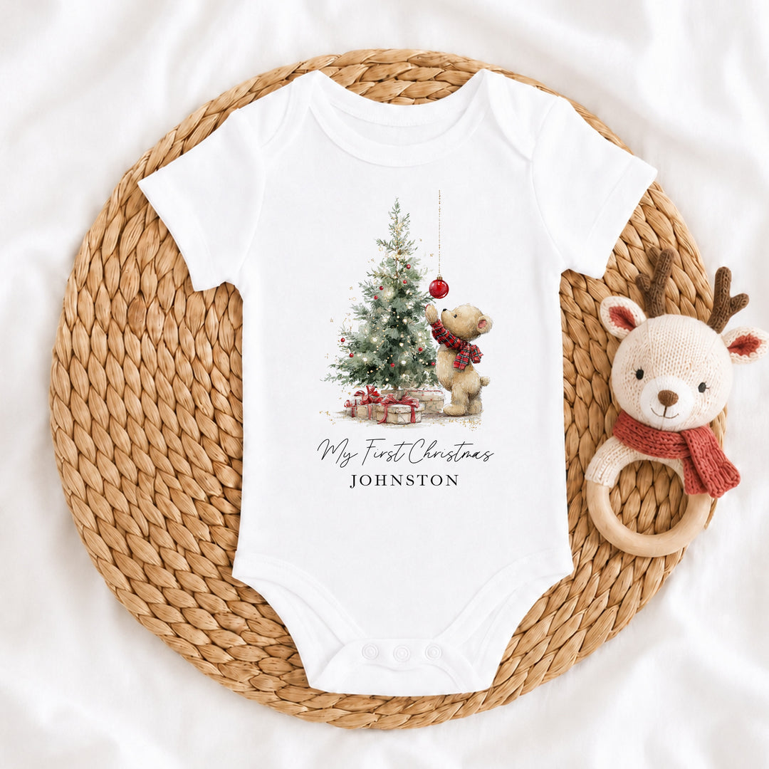Personalised Teddy Christmas Tree My First Christmas Baby Grow Or Vest