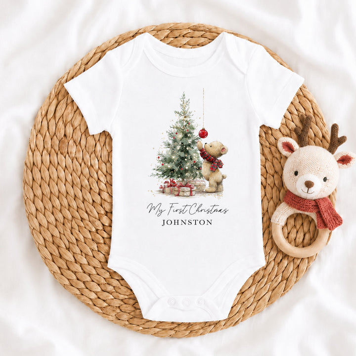 Personalised Teddy Christmas Tree My First Christmas Baby Grow Or Vest