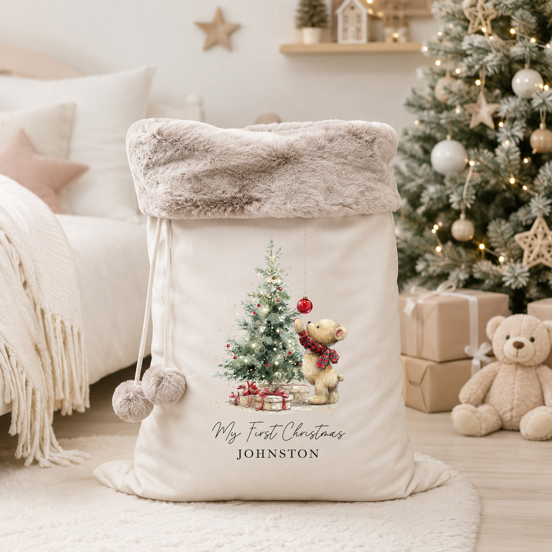Personalised Teddy Christmas Tree My First Christmas Fur Trim Christmas Santa Sack