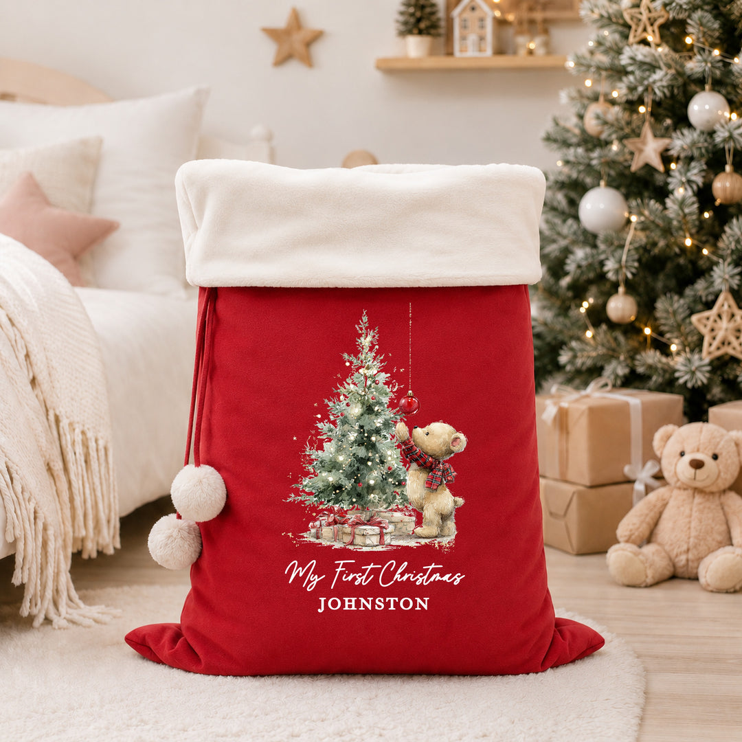 Personalised Teddy Christmas Tree My First Christmas Fur Trim Christmas Santa Sack