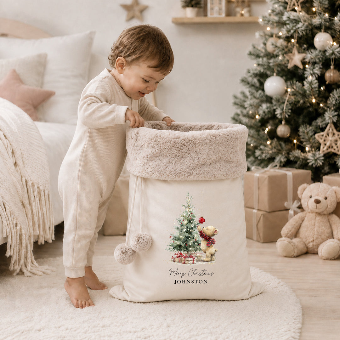 Personalised Teddy Christmas Tree My First Christmas Fur Trim Christmas Santa Sack