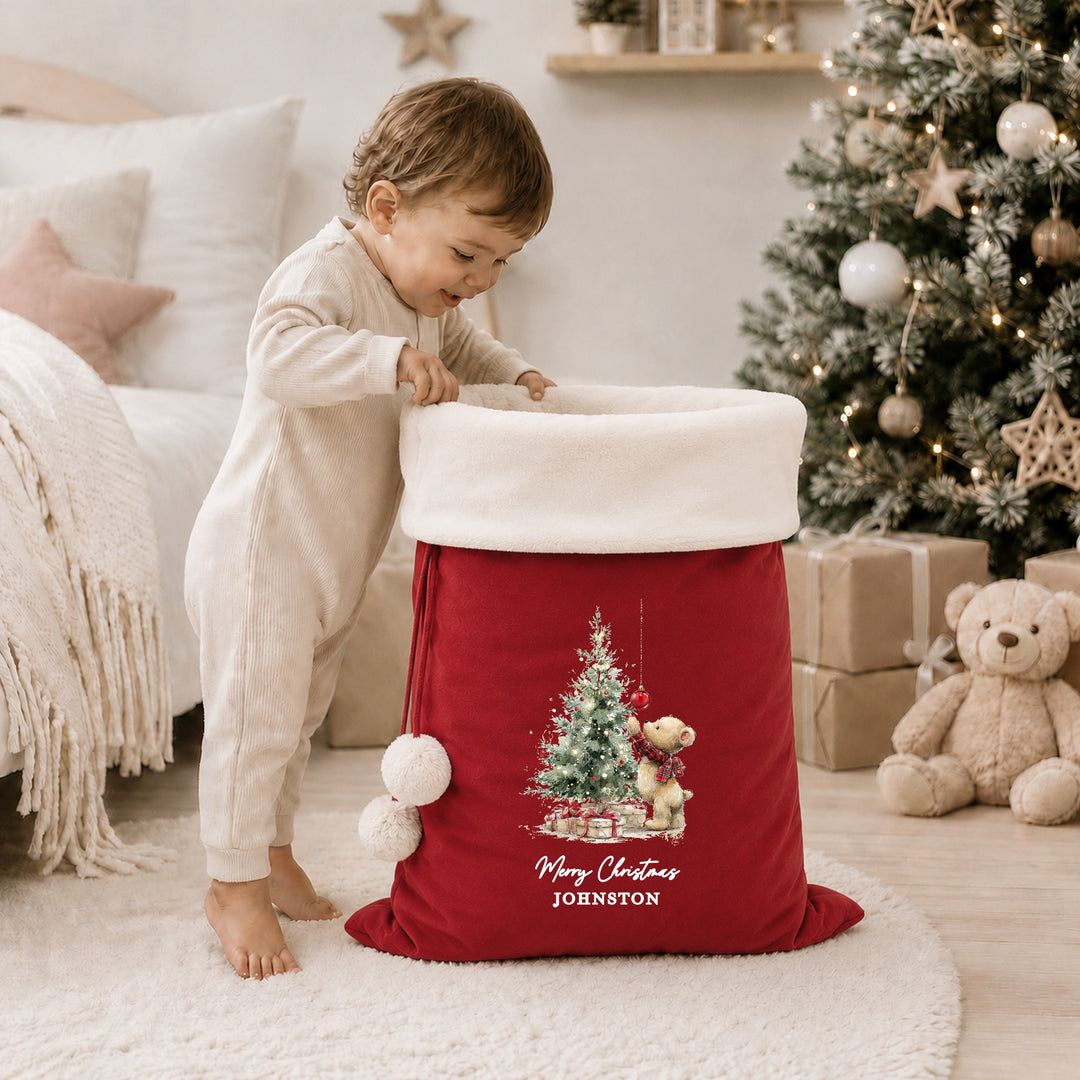 Personalised Teddy Christmas Tree My First Christmas Fur Trim Christmas Santa Sack