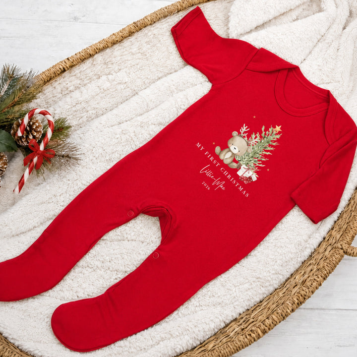 Personalised Teddy Christmas Tree My First Christmas Red Baby Grow