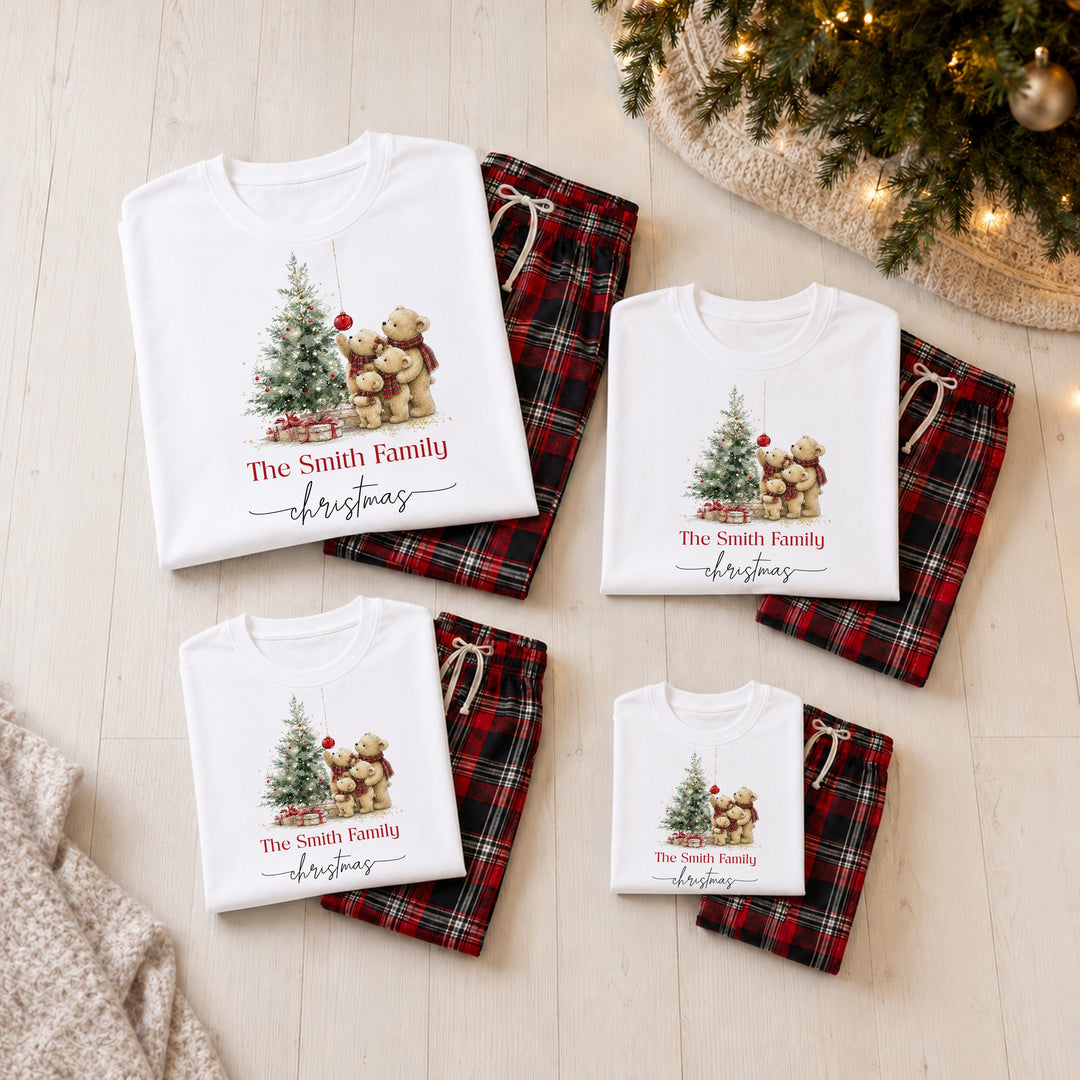 Personalised Teddy Bear Family Matching Tartan Christmas Pyjamas