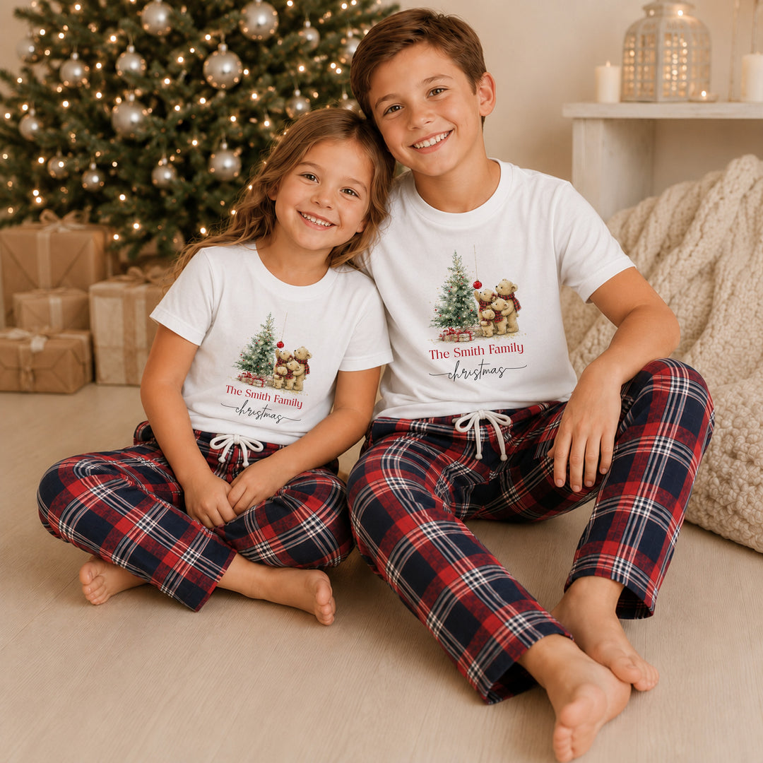Personalised Teddy Bear Family Matching Tartan Christmas Pyjamas