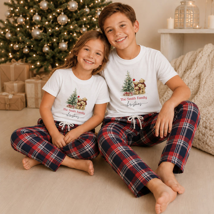 Personalised Teddy Bear Family Matching Tartan Christmas Pyjamas