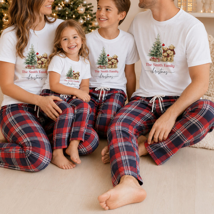 Personalised Teddy Bear Family Matching Tartan Christmas Pyjamas