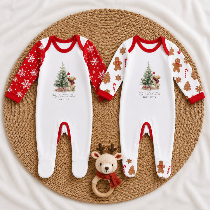Personalised Teddy Christmas Tree My First Christmas Pattern Baby Grow