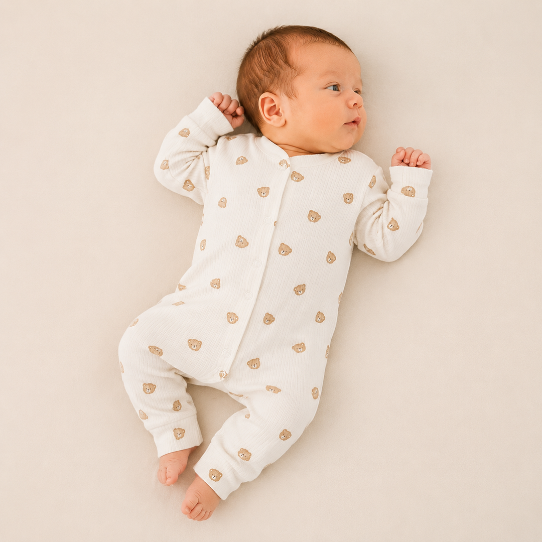 Unisex Beige Teddy Bear Baby Grow