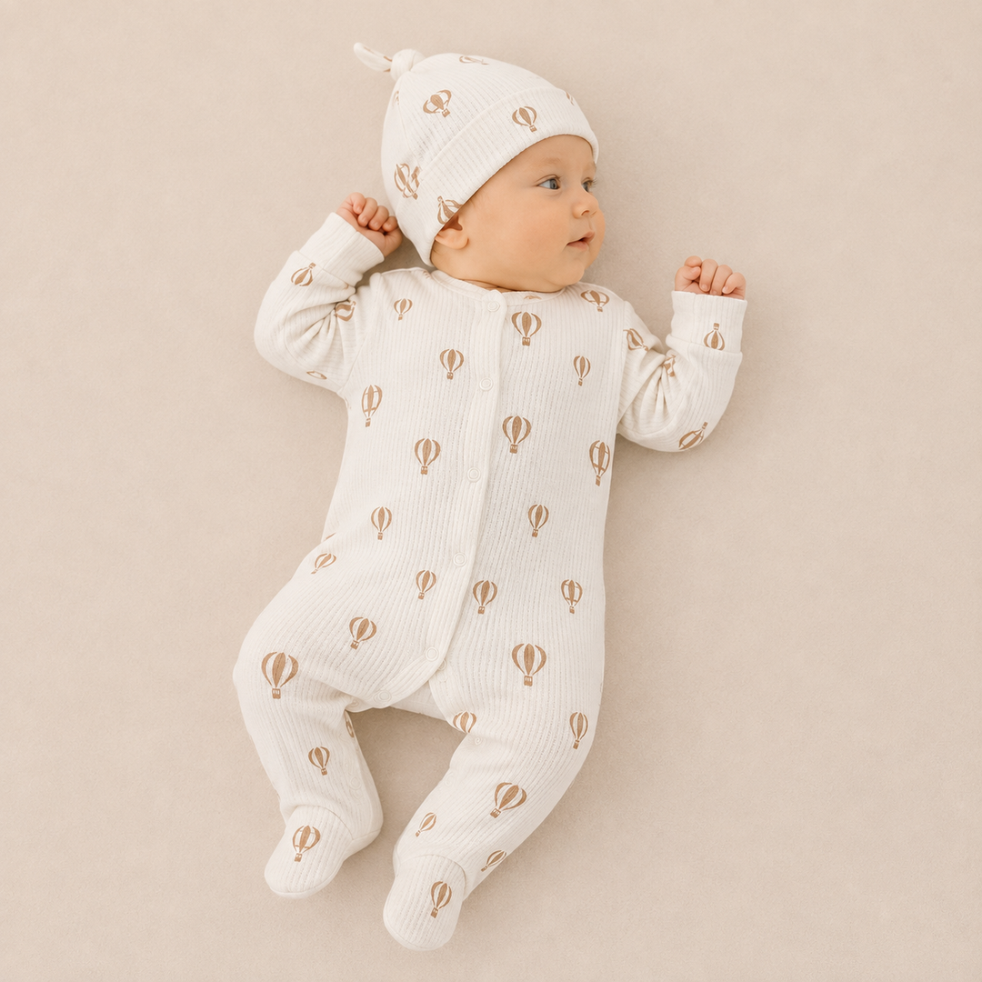 Unisex Beige Hotair Balloon Waffle Baby Grow &amp; Hat Set