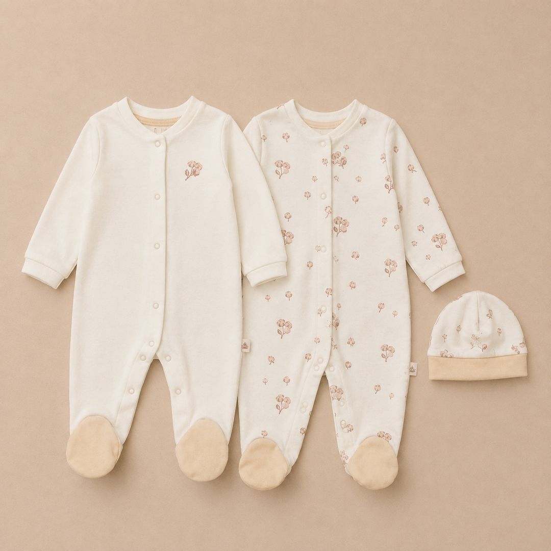 Unisex Cream Floral Organic Cotton 2 Pack Baby Grow &amp; Hat