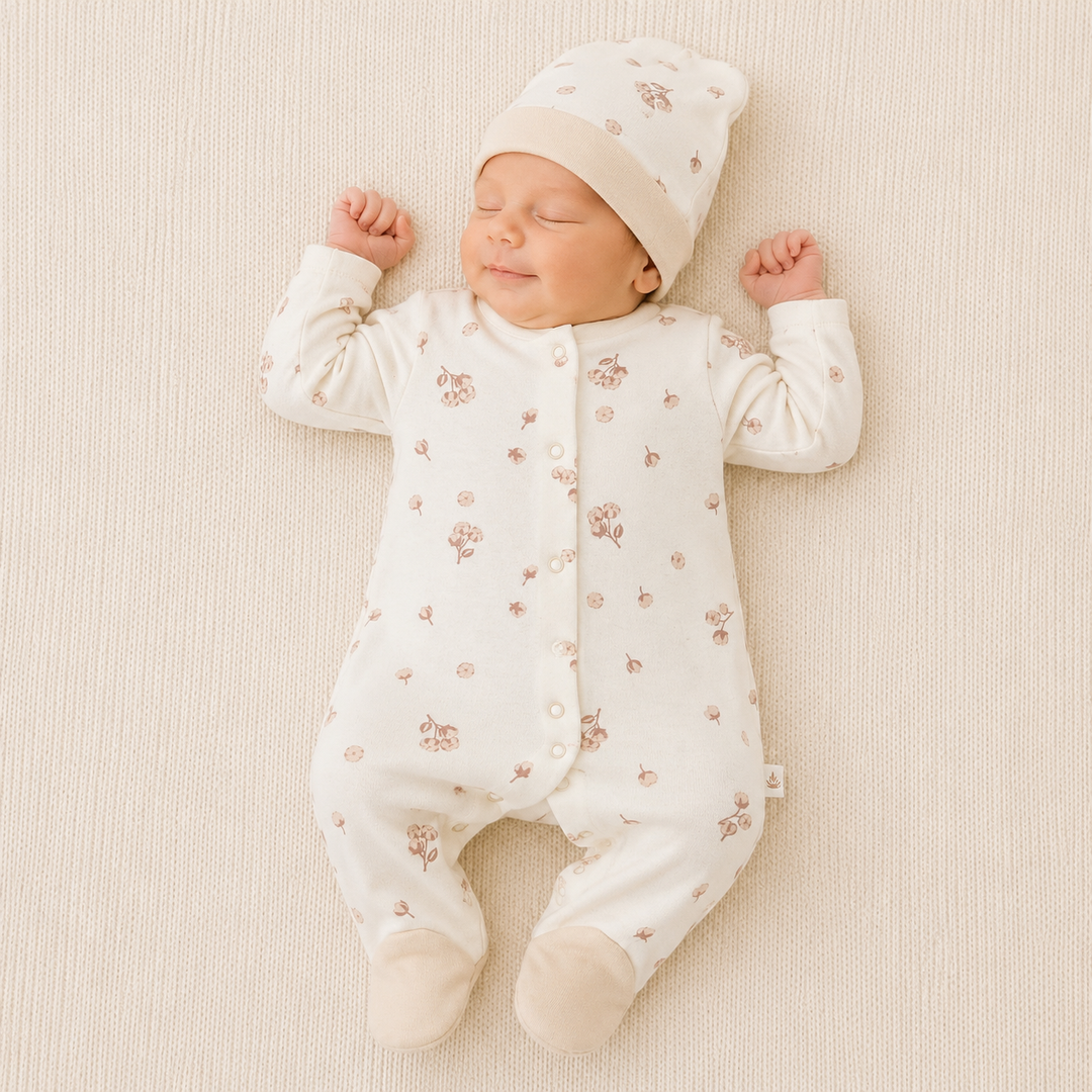 Unisex Cream Floral Organic Cotton 2 Pack Baby Grow &amp; Hat