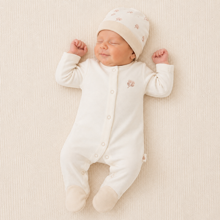 Unisex Cream Floral Organic Cotton 2 Pack Baby Grow &amp; Hat