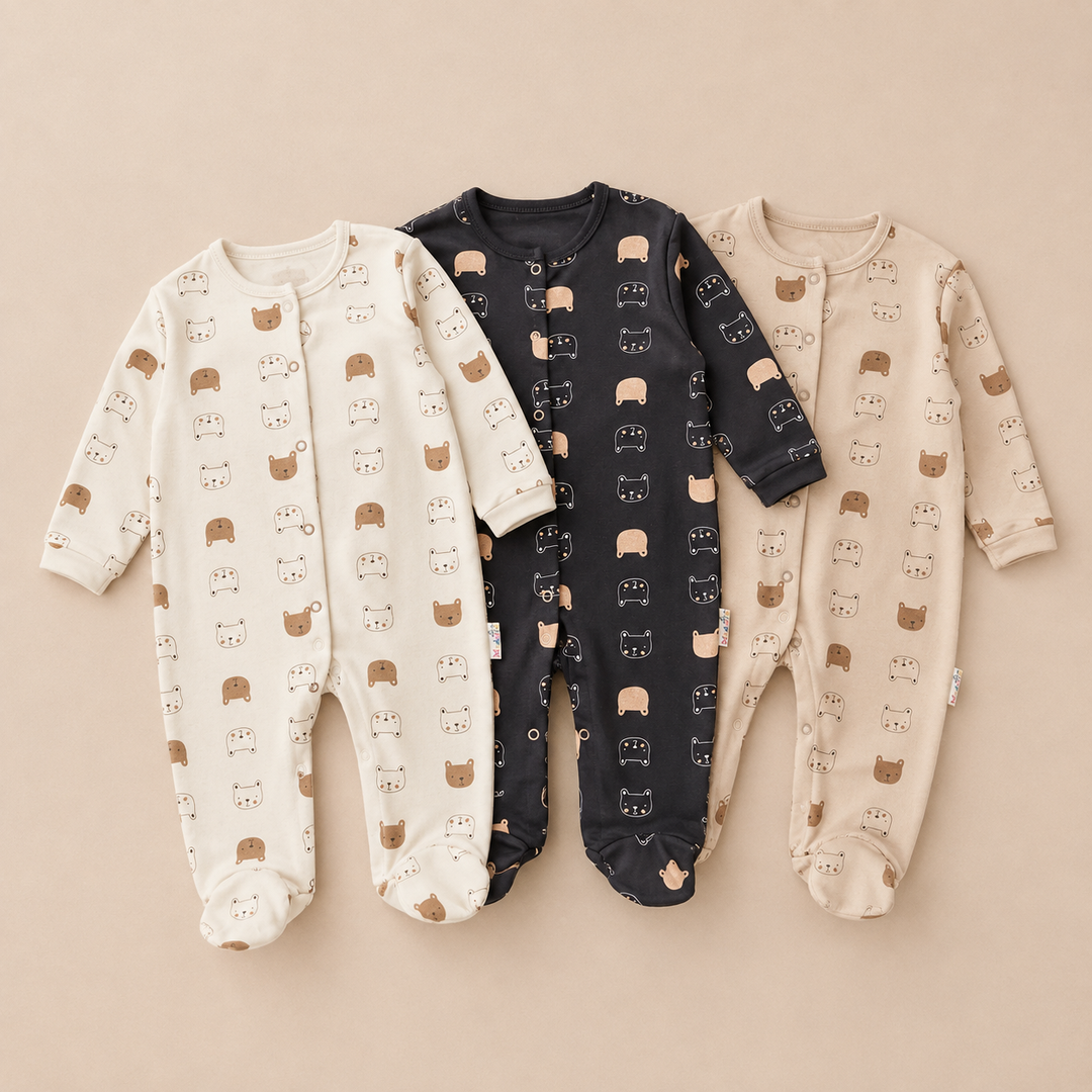 Unisex Biege Bears 3 Pack Baby Grows
