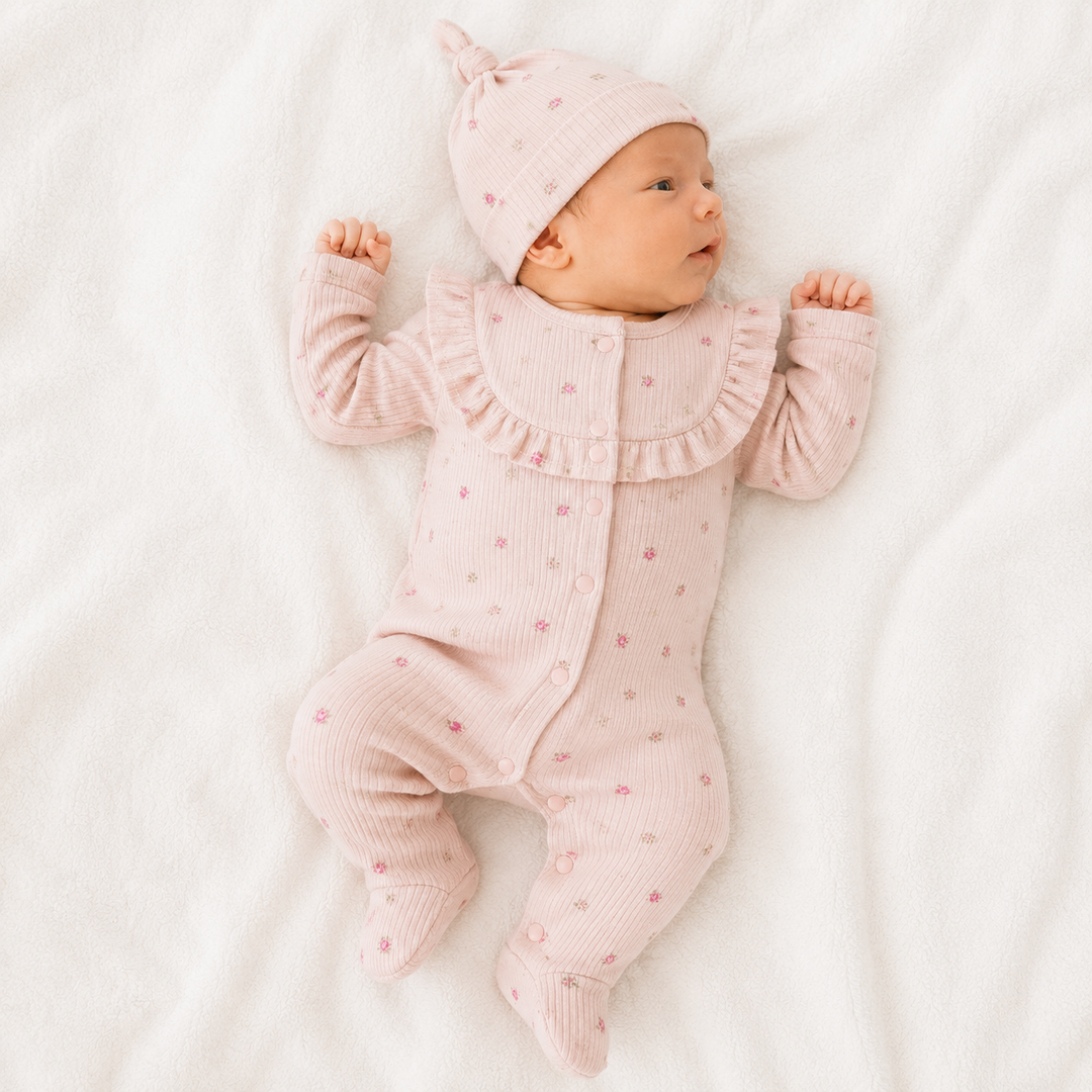 Girls Dusky Pink Floral Ruffle Baby Grow &amp; Hat Set