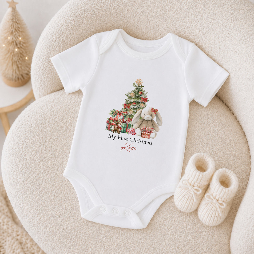 Personalised Red Bunny My First Christmas Baby Grow, Vest or Bib