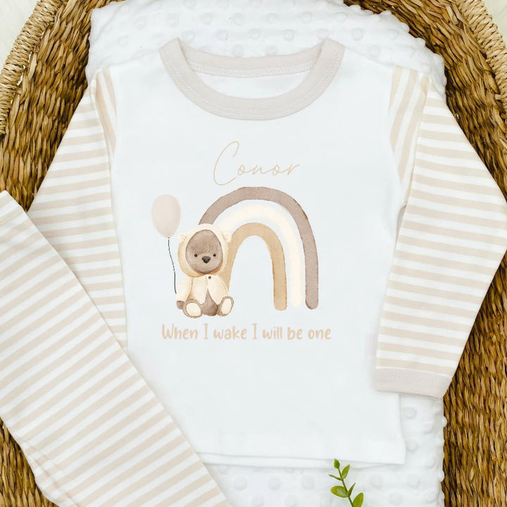 Personalised Teddy Rainbow Beige Birthday Pyjamas