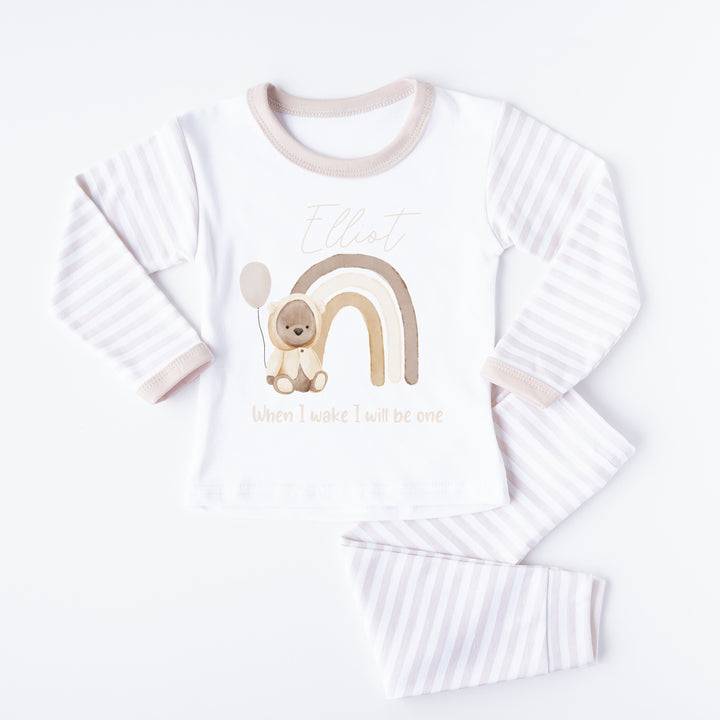 Personalised Teddy Rainbow Beige Birthday Pyjamas