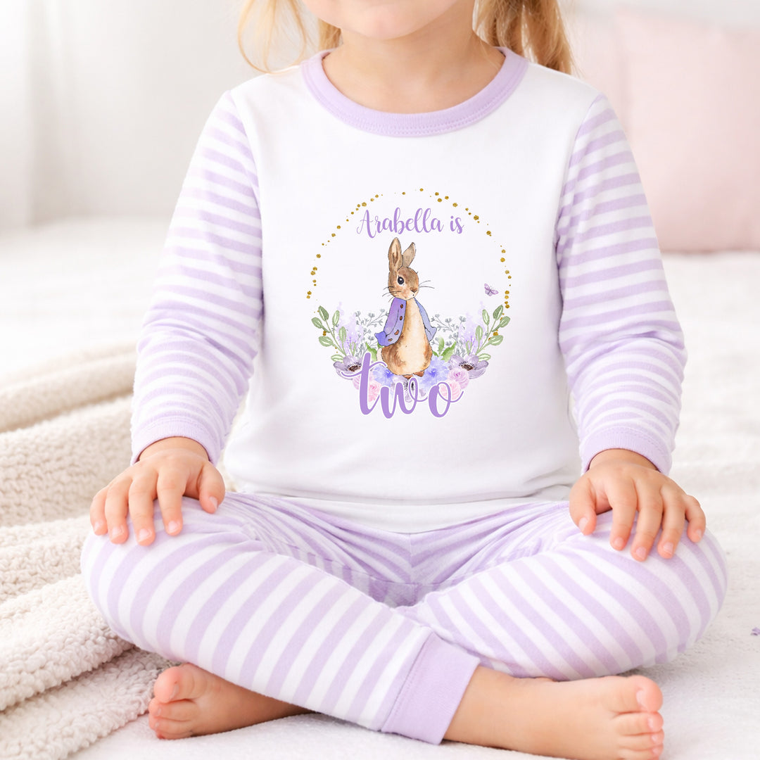 Personalised Lilac Rabbit Wreath Second Birthday Pyjamas