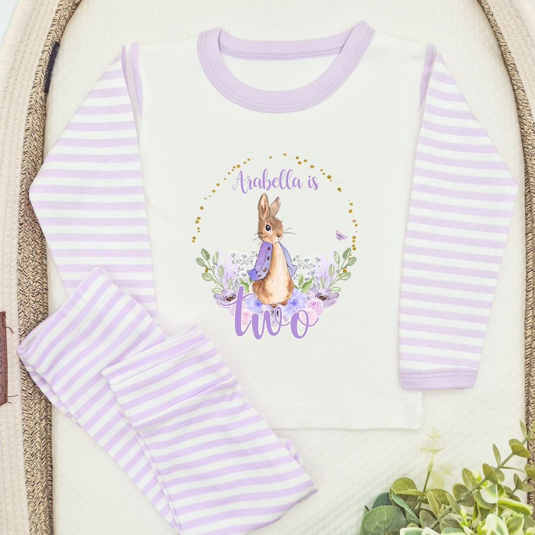 Personalised Lilac Rabbit Wreath Second Birthday Pyjamas