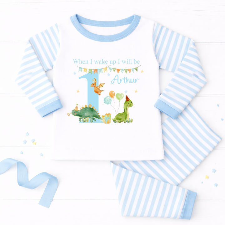 Personalised Blue Dinosaur Party First Birthday Pyjamas