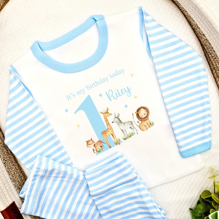 Personalised Jungle Scene Blue Stripe Birthday Pyjamas