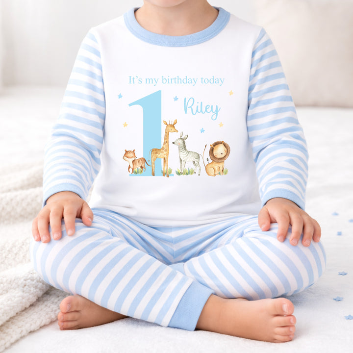 Personalised Blue Jungle Safari Animals First Birthday Pyjamas