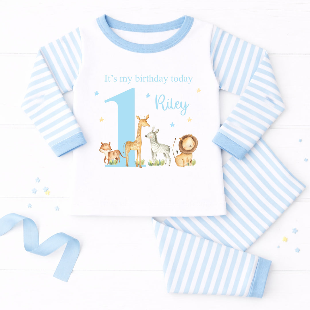 Personalised Blue Jungle Safari Animals First Birthday Pyjamas