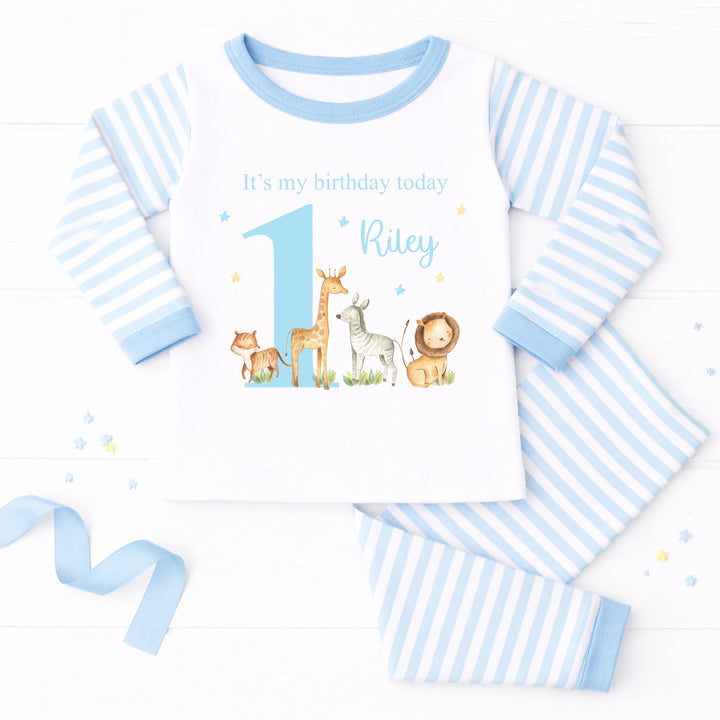 Personalised Blue Jungle Safari Animals First Birthday Pyjamas