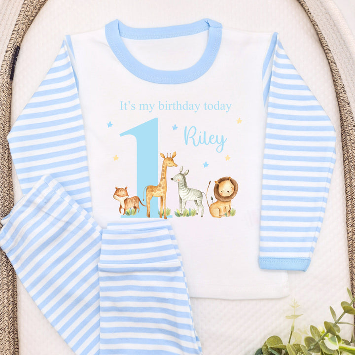 Personalised Jungle Scene Blue Stripe Birthday Pyjamas