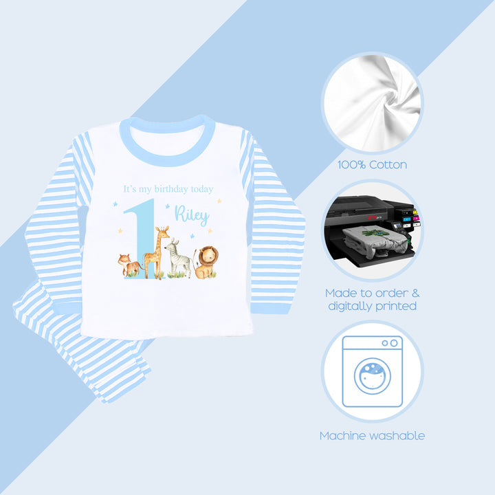Personalised Jungle Scene Blue Stripe Birthday Pyjamas