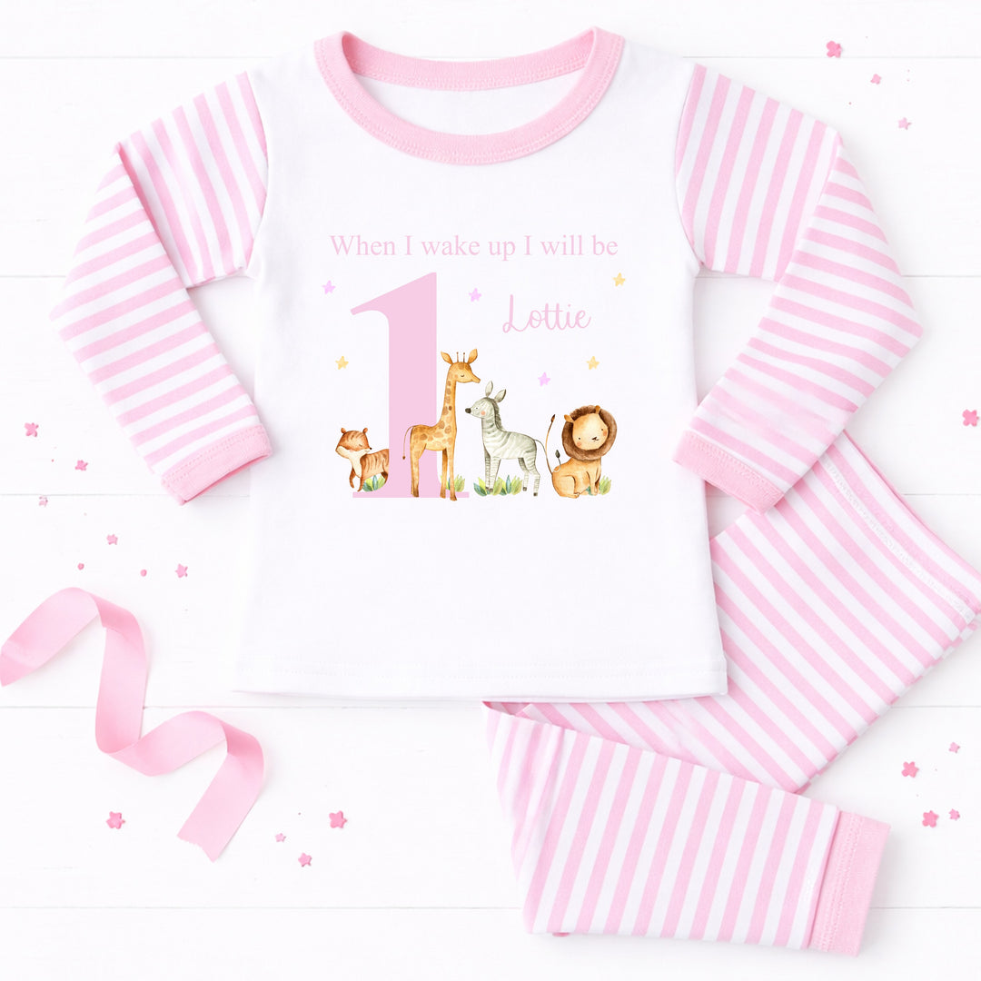 Personalised Pink Jungle Safari When I Wake Up I Will Be 1 First Birthday Pyjamas