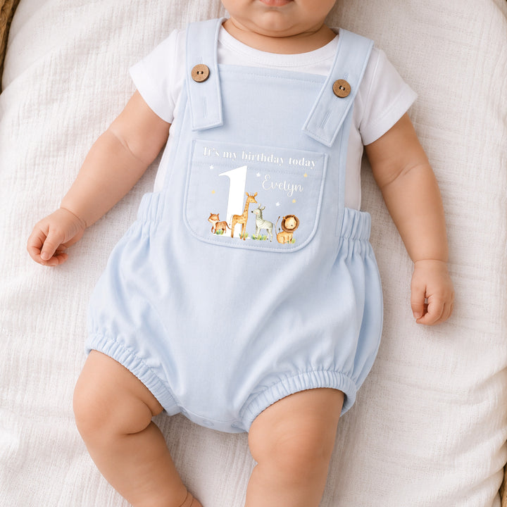 Personalised Blue Jungle Safari First Birthday Dungarees